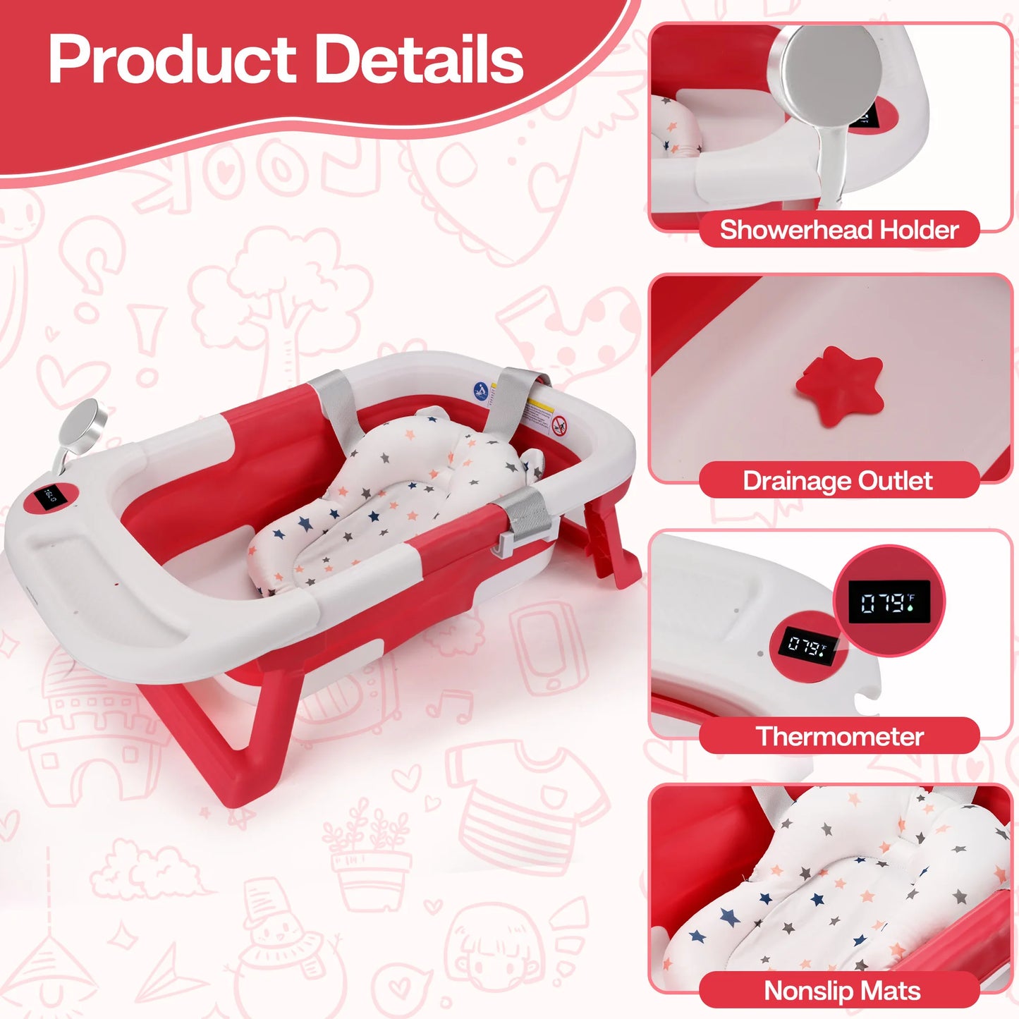 Portable Baby Bathtub with Cushion and Thermometer for Infants