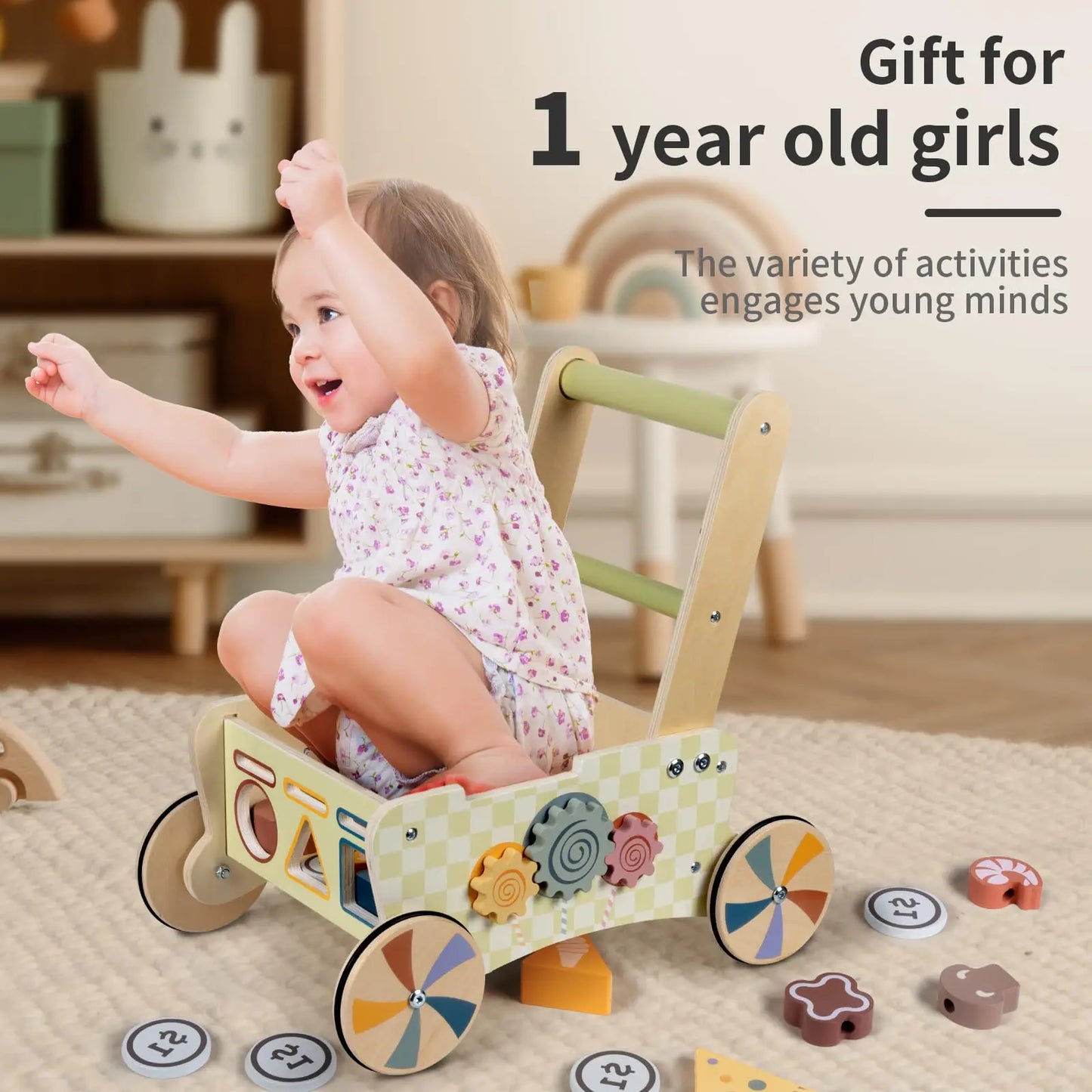 Wooden Baby Push Walker Kids Play Kitchen Activity Center