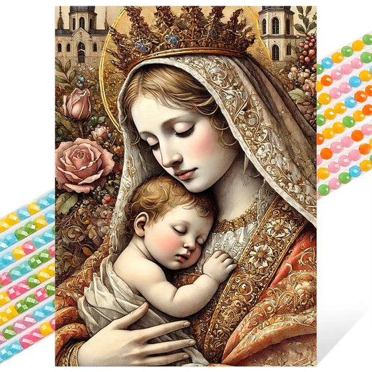 2pcs Set 5D Diamond Painting Virgin Mary Full Round Diamond Art Kit Adult Mosaic Inlay Craft Kit for Home Wall Decoration Gift