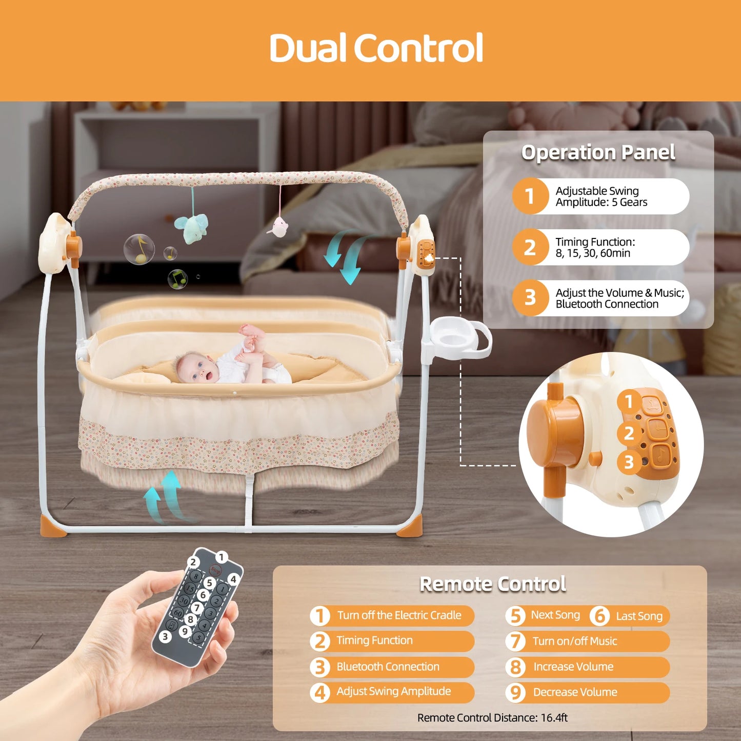 Khaki Electric Baby Cradle with Remote Control and 5 Gears